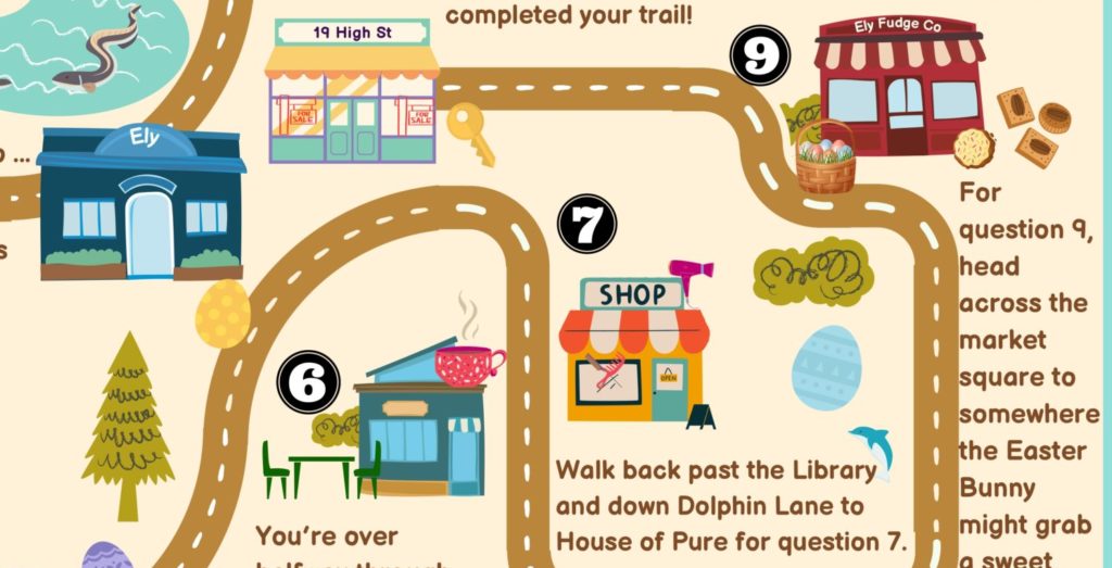 Easter trail map containing small graphics of local Ely businesses in the town centre.