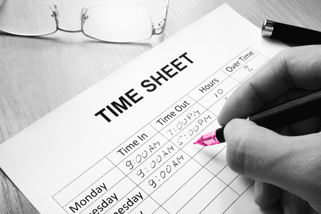picture of time sheet being filled in with fountain pen
